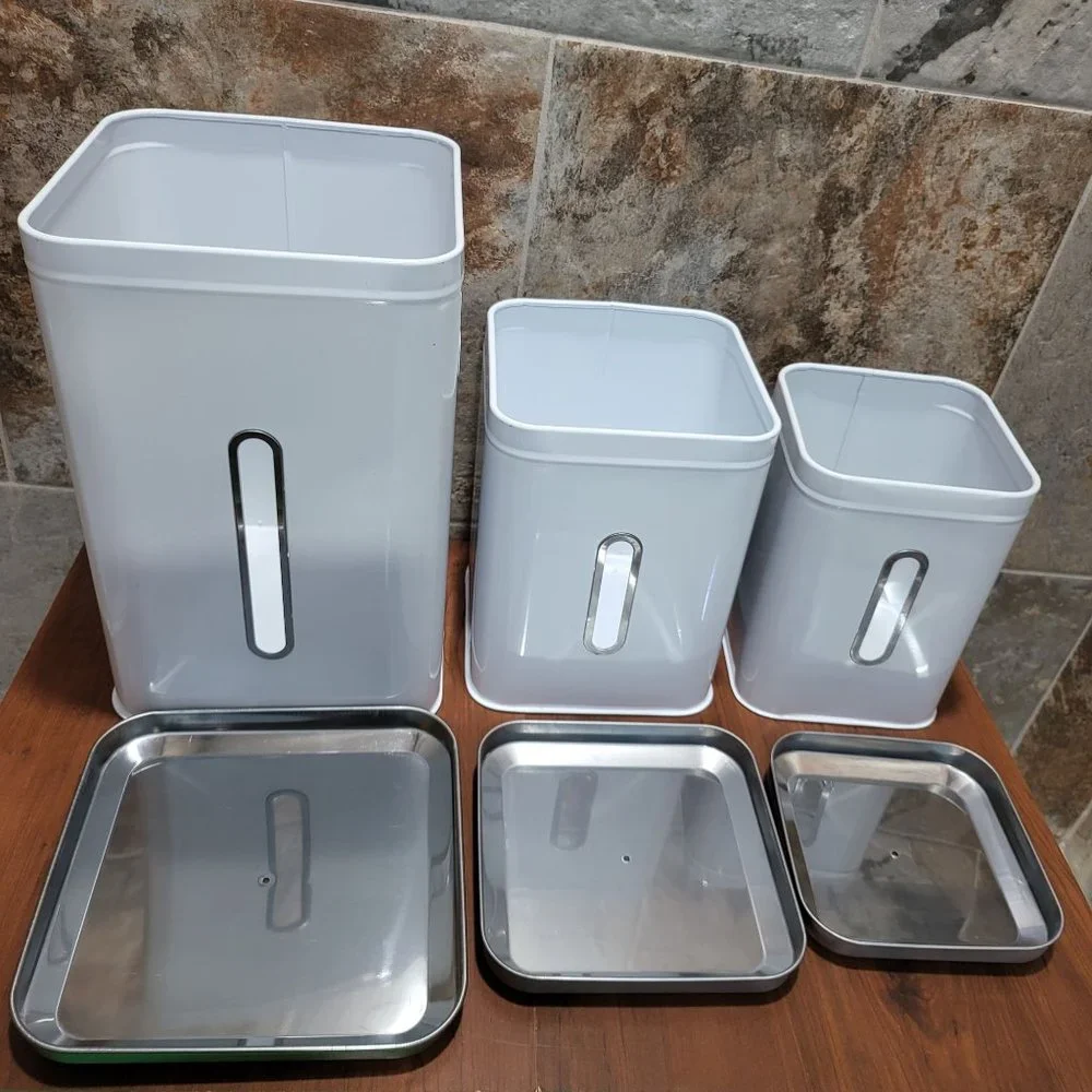 Nesting Square White & Silver Tin Cans Set of 3